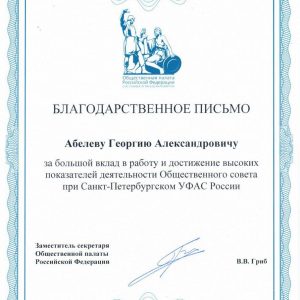 Георгию Абелеву, заместителю Председателя Общественной палаты Санкт-Петербурга, председателю Общественного Совета Санкт-Петербургского УФАС вручили благодарственное письмо от Общественной палаты Российской Федерации